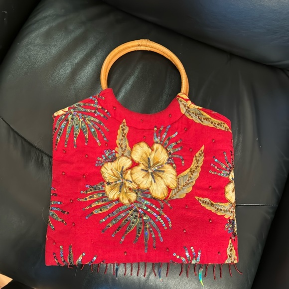 Wood Handles Bag Red Tropical Floral Beaded Sequin - Picture 2 of 7